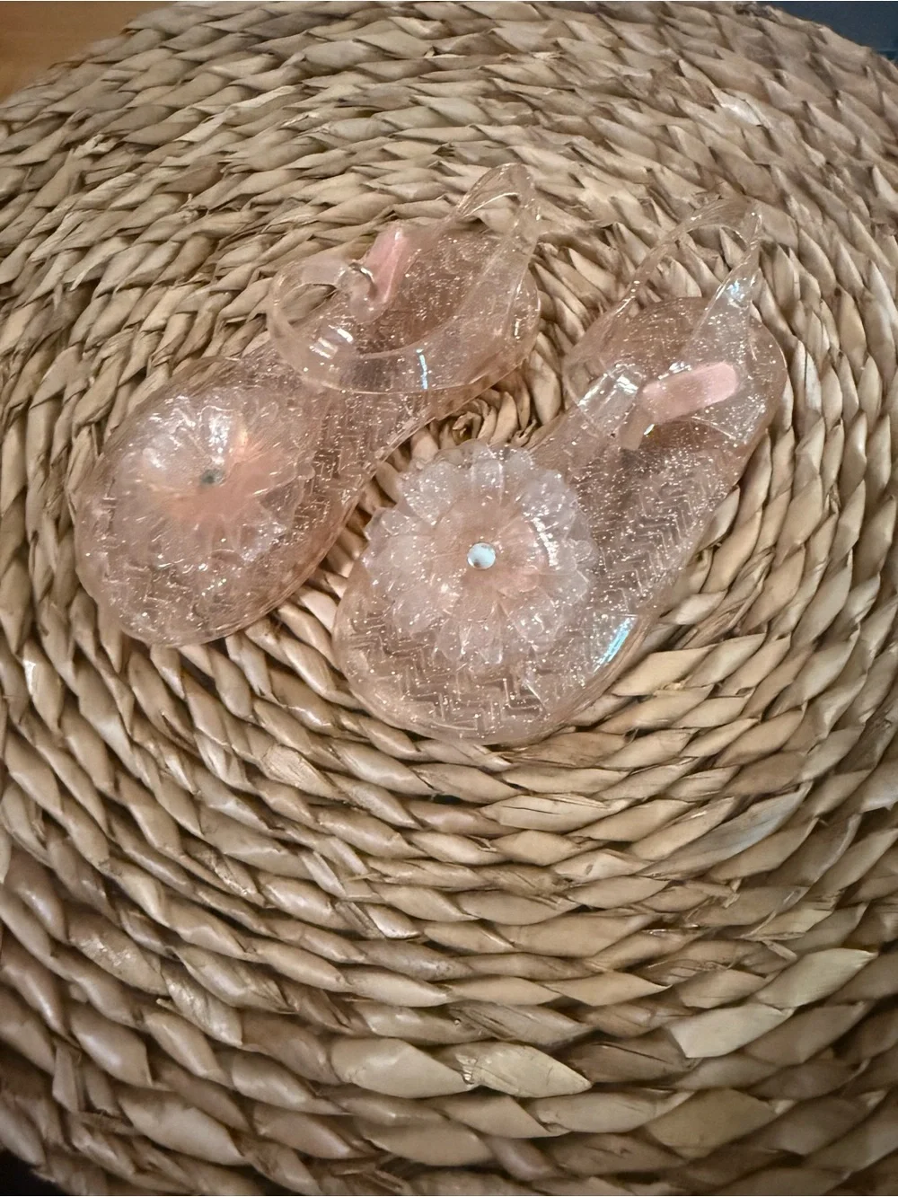 Old Navy Clear Pink Glitter Jelly Sandals with Flower Accent
